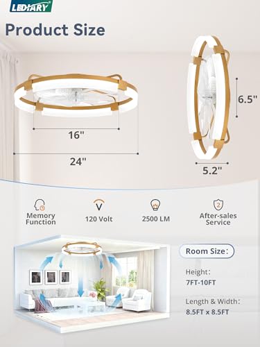 Image of LEDIARY 24 inch Ceiling Fans with Lights and Remote, Modern Low Profile Ceiling Fan, 3 CCT, Stepless Dimmable, Fandelier Flush Mount Fan Light, 6 Speeds, DC Motor, App & Remote Control for Bedroom(Gold)