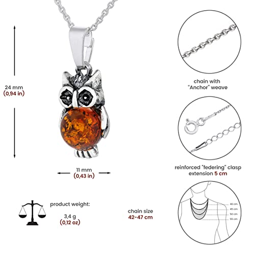Women's Necklace Little Owl XVI, Oxidised Sterling Silver, Round Cabochon of Baltic Amber in Cognac Colour, Silver Pendant with Chain2