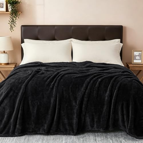 Image of Exclusivo Mezcla Plush Fuzzy Fleece Bed Blanket Twin Size, Super Soft, Fluffy and Warm Blankets for Couch, Bed, All Season (Black, 90x66 inches)