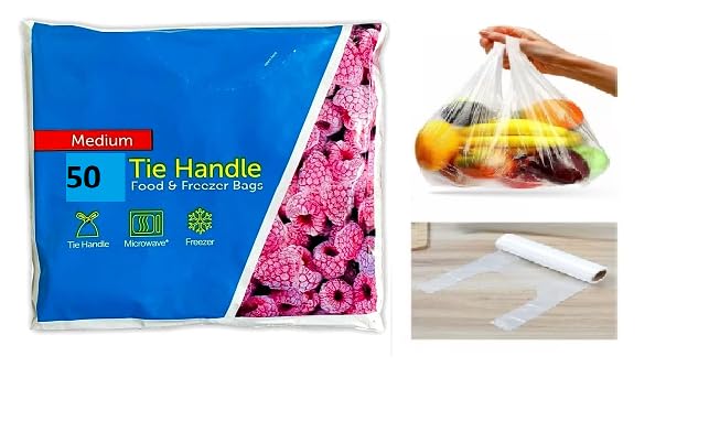 Food Storage Bags with Tie Handle, Freezer Safe (50, White, Medium)