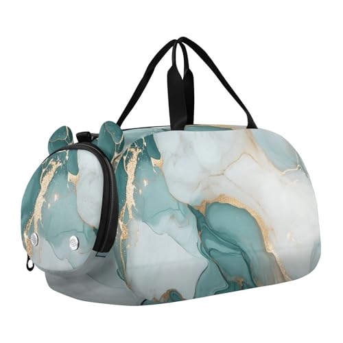 Kids Sports Duffel Bag for Boys & Girls - Swirling Marbling Teal Texture 100% Polyester Gym Bag with Separate Shoe Compartment, Adjustable Shoulder Strap, Compact Travel & Workout Gear Bag
