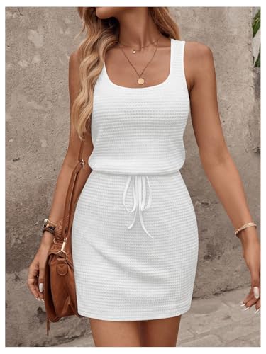 Image of RoseSeek Women's Waffle Knit Belted Tank A Line High Waisted Dresses Square Neck Sleeveless Summer Short Dress