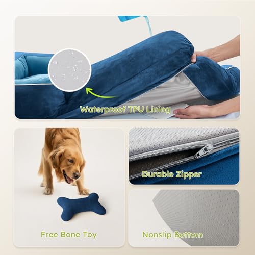 Image of CWAWZ Dog Beds for Large Dogs, Orthopedic Dog Bed with Cooling Gel Memory Foam, Waterproof Large Pet Bed with Removable Washable Cover, 36 inch Pet Sofa Couch Dutch Velvet with Bone Toy, Navy Blue