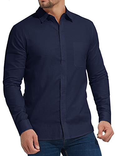 Aimeilgot Men's Button Down Regular Fit Long Sleeve Linen Casual Shirts(L, Navy Blue)