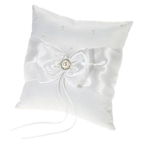 Baugger - 7 * 7 polegadas de cetim branco bowknot strass decorado portador de anel travesseiro e cas