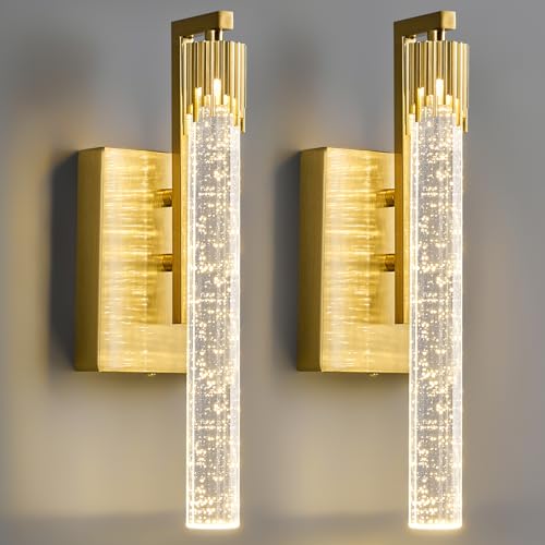FDPBY Gold LED Wall Sconce Set of Two with Bubble Crystal Stick Wall Light Modern Bathroom Vanity Light Fixture for Bedroom Bedside Hallway