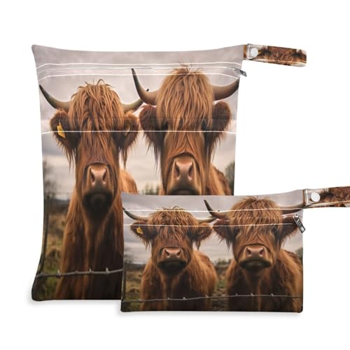 ATTX Two Scottish Highlands Cow Wet Dry Bags 2-Pack - Reusable Cloth Diaper Storage for Travel, Beach & Gym | Multi-Use Waterproof Bags for Swimsuits, Baby Clothes, Sports Gear#375