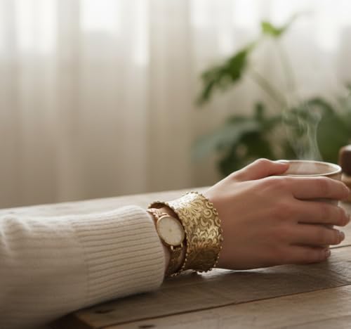 Image of Touchstone Indian Bollywood Desire Brass Base Exotic Workmanship Free Size Cuff Bracelet in Antique Gold Or White Or Copper Tone for Women.