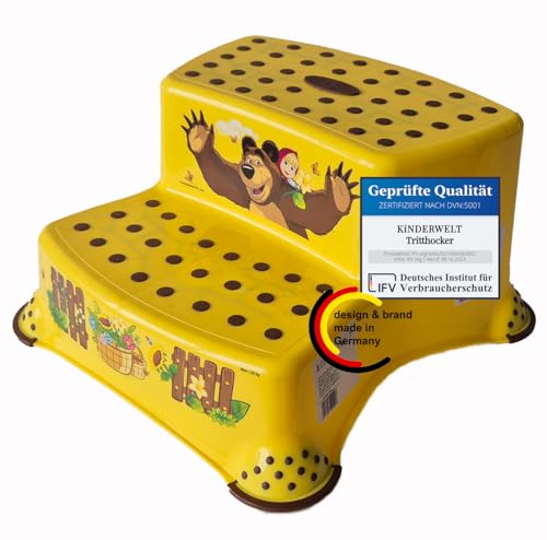 KiNDERWELT Premium zweistufiger Tritthocker für Kinder und Babys, gelb, Tritthocker 2 Stufen für Kleinkinder ab 3 Jahren, abwischbar, rutschfest und BPA-frei