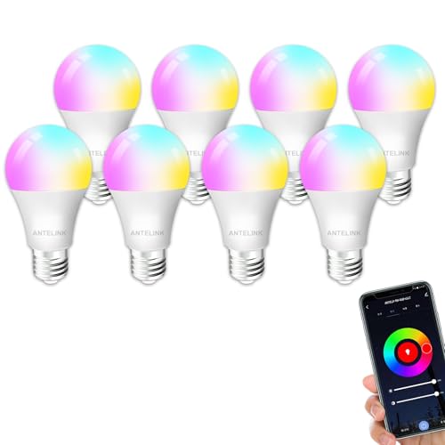 ANTELINK Lampadina Wifi Smart LED Dimmerabile RGB 9W 1000lm Compatibile con Alexa Google Home, Bianco Freddo Caldo 2700K~6500K Tuya APP, 8 Pz