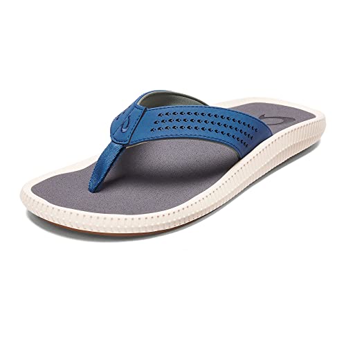 OluKai Ulele Men's Beach Sandals, Quick-Dry Flip-Flop Slides, Water Resistant Suede Lining & Wet Grip Soles, Soft Comfort Fit & Arch Support, Slate Blue/Charcoal, 10