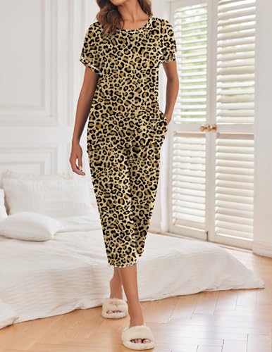 Image of Ekouaer 2 Pack Womens Pajamas Sets Short Sleeve Tops and Capri Pants Pjs Colorful Printed Sleepwear Sets