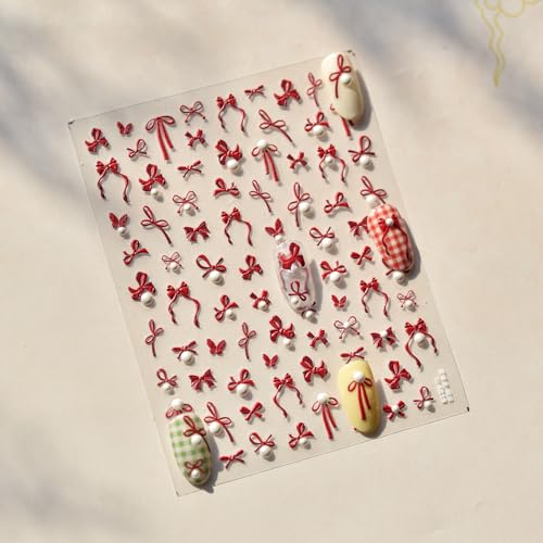 Image of Bow Nail Art Stickers 5D Embossed Nail Decals Self Adhesive Red Nail Sticker for Nail Art Pearl Design for Women Girls Supplies Nail Art Decorations Accessories