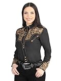 Generic Women's Western Shirt Long Sleeve Embroidered Camisa Mujer Slim Fit 2802 (US, Alpha, Large, Regular, Regular, Black/Gold)