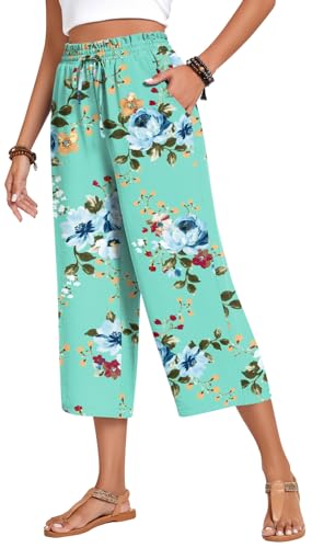 Image of Anyhold Women's Capri Pants Drawstring Casual Palazzo Trousers with Pockets Loose High Waisted Wide Leg Lounge Pants