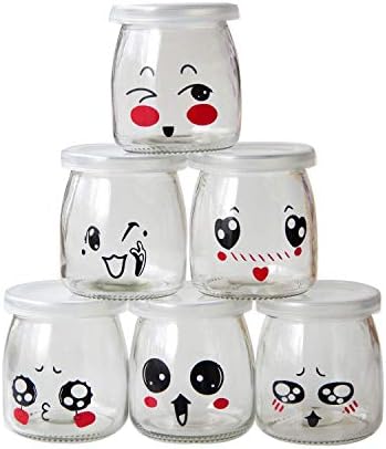 Sunormi 200ml Emoticon Design Glass Pudding Yogurt Jars With Lids 6oz,6Pcs