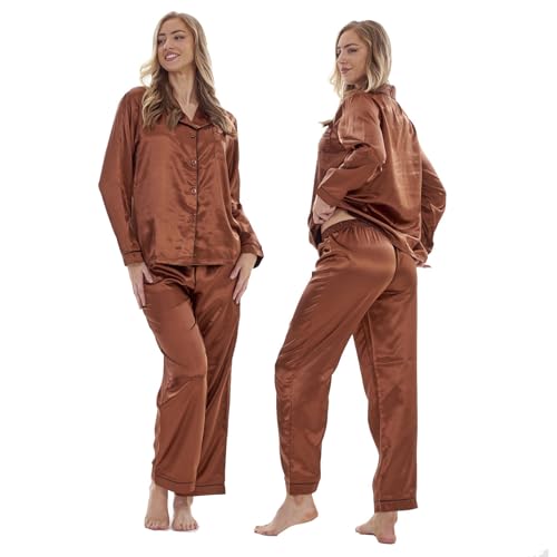 Keanu Ladies Satin Pyjamas - Long Sleeve Top with Long Bottoms - Silk Satin Pjs Soft Button Down Sleepwear Set Loungewear - Sizes 8-20 (Patina Brown, 12-14)