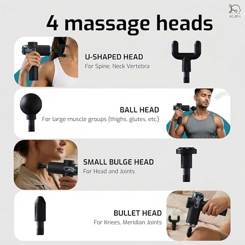 Image of KLEN Rechargeable Massage gun for pain relief Handheld portable Body Massager For Back, Legs & Shoulders Includes Vibrating heads -Muscle Relaxion Home or gym use