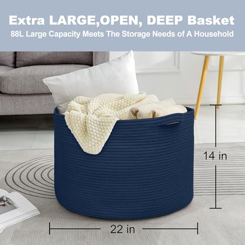 Image of MEGASKET Dark Blue Basket for Organizing, 22 inch x 14 inch Extra Large Woven Cotton Rope Laundry Basket, Blanket Storage for Living Room Bedroom, Big Nursery Kids Toy Box Organizer, Pool Towel Storage Bin