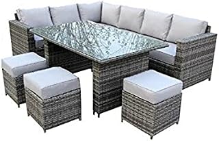 YAKOE Conservatory 9 Seater Outdoor Rattan Garden Furniture Classical Corner Dining Set - Light Grey