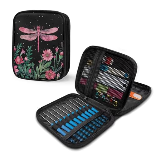 Image of Crochet Hook Case Elegant Dragonfly Crochet Hook Holder Portable Crochet Hook Storage Bag with Web Pockets Suitable for Crochet Needles /Knitting Accessories