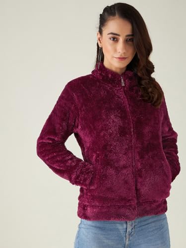 Image of Modeve Women Solid Full Sleeve Fur Standard Length Jacket For Winter