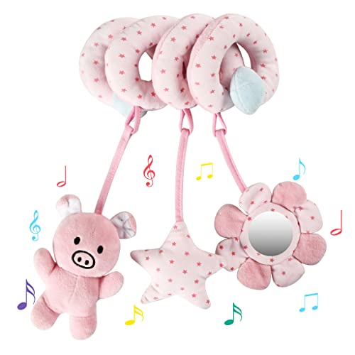 Image of vocheer Car Seat Toys for Babies 0-6 Months Hanging Rattle Bouncer Toys for Crib Mobile, Infant Spiral Plush Stroller Toy, Girls Pink Pig