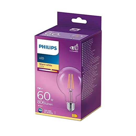 Philips LED Classic E27 Filament Lampe (60 W), LED Lampe in Globe-Form mit warmweißem Licht, energiesparende LED Beleuchtung mit langer Nutzlebensdauer, Warmweiß