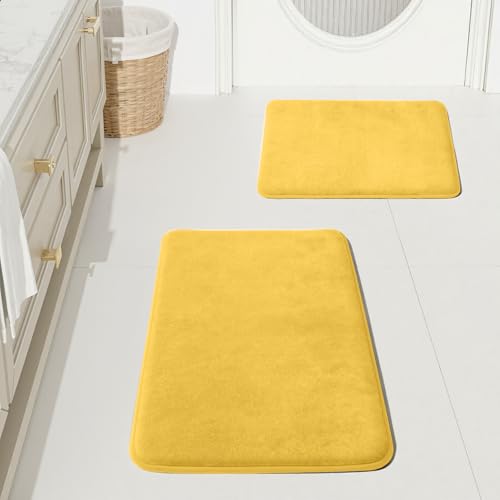 HUXMEYSON Bathroom Rugs Sets 2 Piece, Non-Slip & Quick Dry Bath Mat Set, Ultra Soft Velvet Bath Rugs for Bathroom, Toilet and Shower Floor, Yellow by HUXMEYSON - Used condition - US$18.65