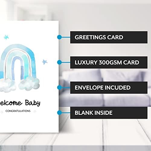 Congratulations New Baby Boy Card for Proud Parents or Grandparents - Christening Baptism Birth of Baby Boy Card - Greetings Card when It's a Boy - Watercolour Blue Rainbow Clouds - Welcome Baby Boy