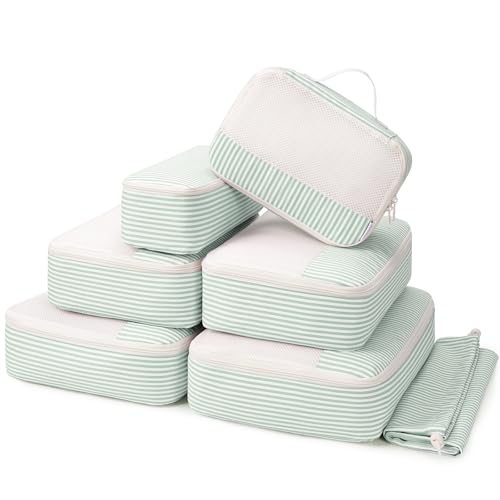 Narwey 7 Set Packing Cubes for Suitcases and Backpack, Stripe Suitcase Organiser Bags Travel Packing Cubes Shoes Bag for Carry on Hand Luggage Travel Essentials Accessories (Mint Green Stripe)