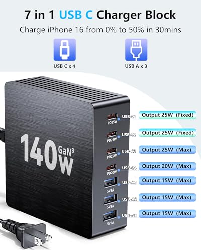 Image of USB C Charging Station, 140W GaN III 7 Port Fast Charger Station, PD 3.0 USB Charging Station for Multiple Devices, Multiple USB C Charger Station for iPad iPhone Samsung Android (2 Pack, Black)