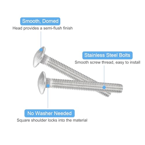 Image of uxcell 5 /16-18x2-1 /2 Carriage Bolt, 50pcs Round Head Square Neck Screws, 304 Stainless Steel, Fully Threaded, Silver