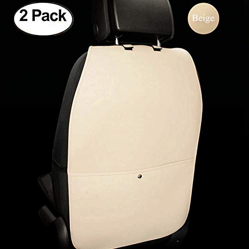 HCMAX 2 Pack Kick Mat Car Seat Back Protector Waterproof Easy to Clean Multifunctional Organizer Storage Bag Travel Accessory PU Leather Beige