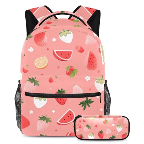 Cartable motif fruits rouges ensemble 2 pièces avec sac à dos ado multicolore de 40cm