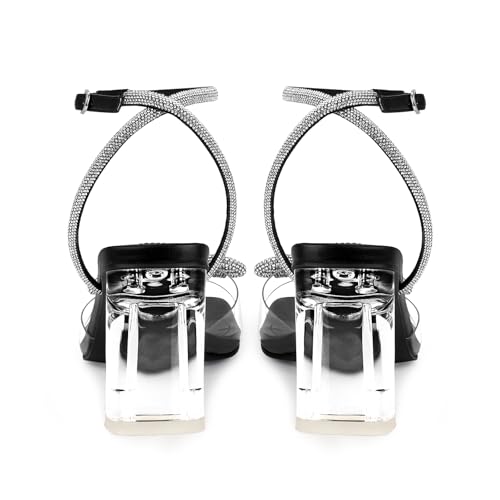 ISNOM Black Clear Heels for Women: Clear black Heels with Bow Rhinestone Glitter Wedding Sandals-Chunky Heel for Stability & Elegance-Adjustable Ankle Strap for Formal Events, Parties, Date Nights & All Occasions by ISNOM - Image 5