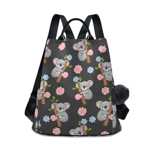 Sac à dos koala pour femme avec motif floral noir et poches étanches