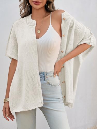 Image of Saodimallsu Womens Oversized Cardigan Sweaters Short Sleeve Button Down Casual Lightweight Loose Knit Trendy Cardigans