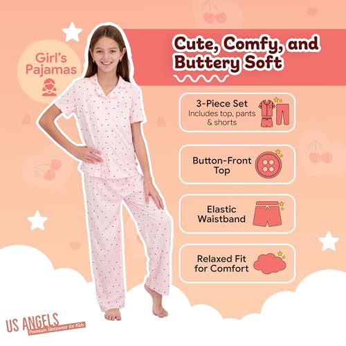 Image of US Angels Girls Pajama Set 3 Piece, Short Sleeve Button Down PJs with Shorts & Pants, Soft Sleepwear Girls & Tweens Size 5-16