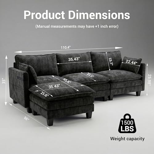 Image of 110.4 inch L Shaped Modular Sectional Sofa, Comfy Upholstery Chenille Cloud Couch with USB, Modern 4-Seat Deep Seat Sofa with Ottoman for Living Room, Apartment, Black