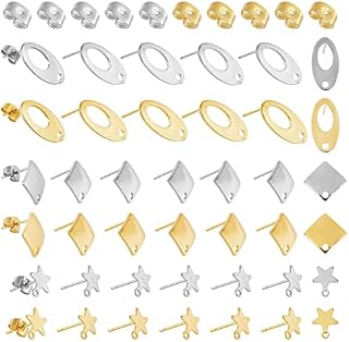 PandaHall 60pcs 2 Colors Earring Posts Ear Nuts 304 Stainless Steel Earring Studs with Oval Rhombus Star Ear Pad Base Posts with Hole for DIY Earrings Craft Making Supplies for Women Girls