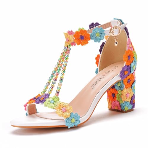 XOEKD Woman Embroidered Flower Chunky High Heel Fish Mouth Sandals with Adjust Ankle Strap Color Beads Fashion Elegant Block Heel Open Toe Bride Pumps