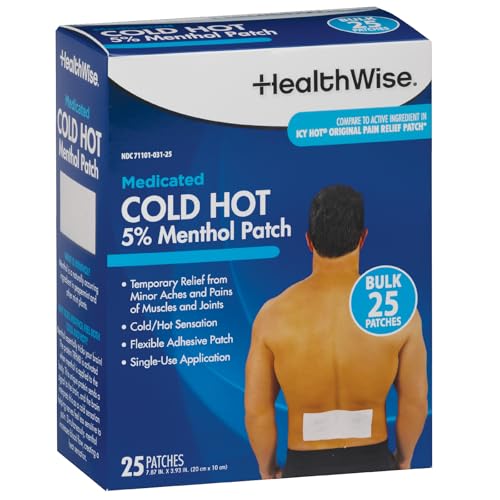 HealthWise Cold Hot Medicated Menthol Patch | 5% Menthol | Back and Large Areas | 7.87 x 3.93 | 25-Count | Paraben-Free | Soothes Minor Aches and Pains