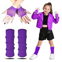 AffeGifts Neon Leg Warmers Kids, Kids 80s Leg Warmers With Neon Fishnet Gloves Warm Knitted Legs Warmers 80s Costume Accessories Set For Girls Fancy Dress 1980s Theme Party (Purple)