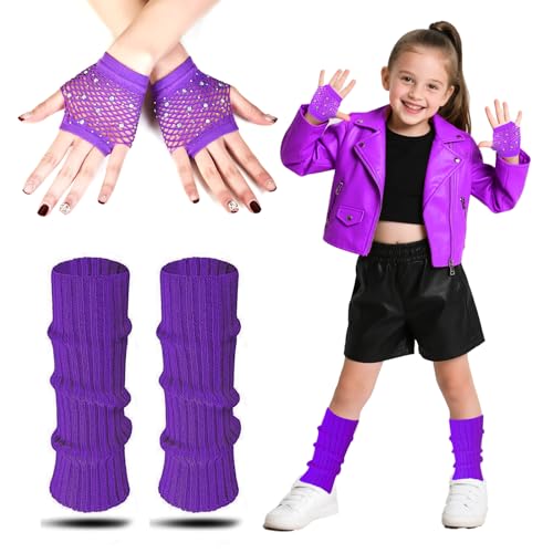 Jambiere Fluo Enfant, Guetre Fluo Enfant Avec Des Gants de Filet de Poisson en Néon à Tricot Chaud Jambiere Fluo Fille Accessoires Costume Set pour Les...