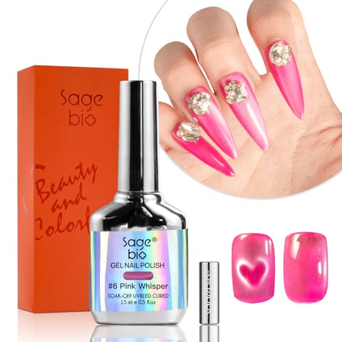 SAGEBIO Cat Eye Gel Nail Polish with Magnet Stick, 15ml Magnetic Gel for DIY Manicure, Long-Lasting Shine, Vibrant Color Effects, Pink Whisper