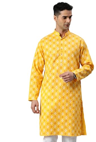 Image of Majestic Man Men's Cotton Regular Fit Casual Mandarin Collar Ethnic Motifs Printed Long Regular Kurta
