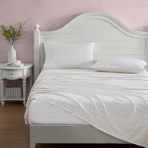 Image of Laura Ashley - Twin Size Sheet Set, Crisp & Lightweight Cotton Percale Bedding with Fitted Sheet and Pillowcase, Floral Room Decor, Deep Pocket, College Dorm Room Essentials (Evie Pink)