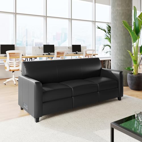 Image of Flash Furniture LeatherSoft Reception Sofa with Left, Black | Charging Station, USB-C Port, AC Outlets, USB Ports