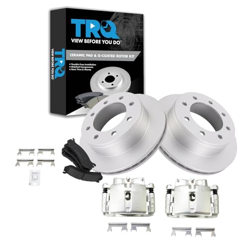 Image of TRQ Rear Brake Pad, Caliper, & Rotor Kit Ceramic Vented Premium G-Coated Compatible with 2002-2006 Chevrolet Avalanche 2500 2001-2013 Suburban 2500 GMC Yukon XL 2500